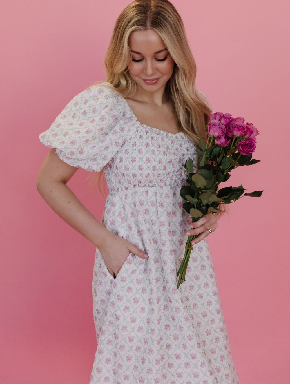 Polagram White Midi Dress with Pink Floral Pattern and Puff Sleeves